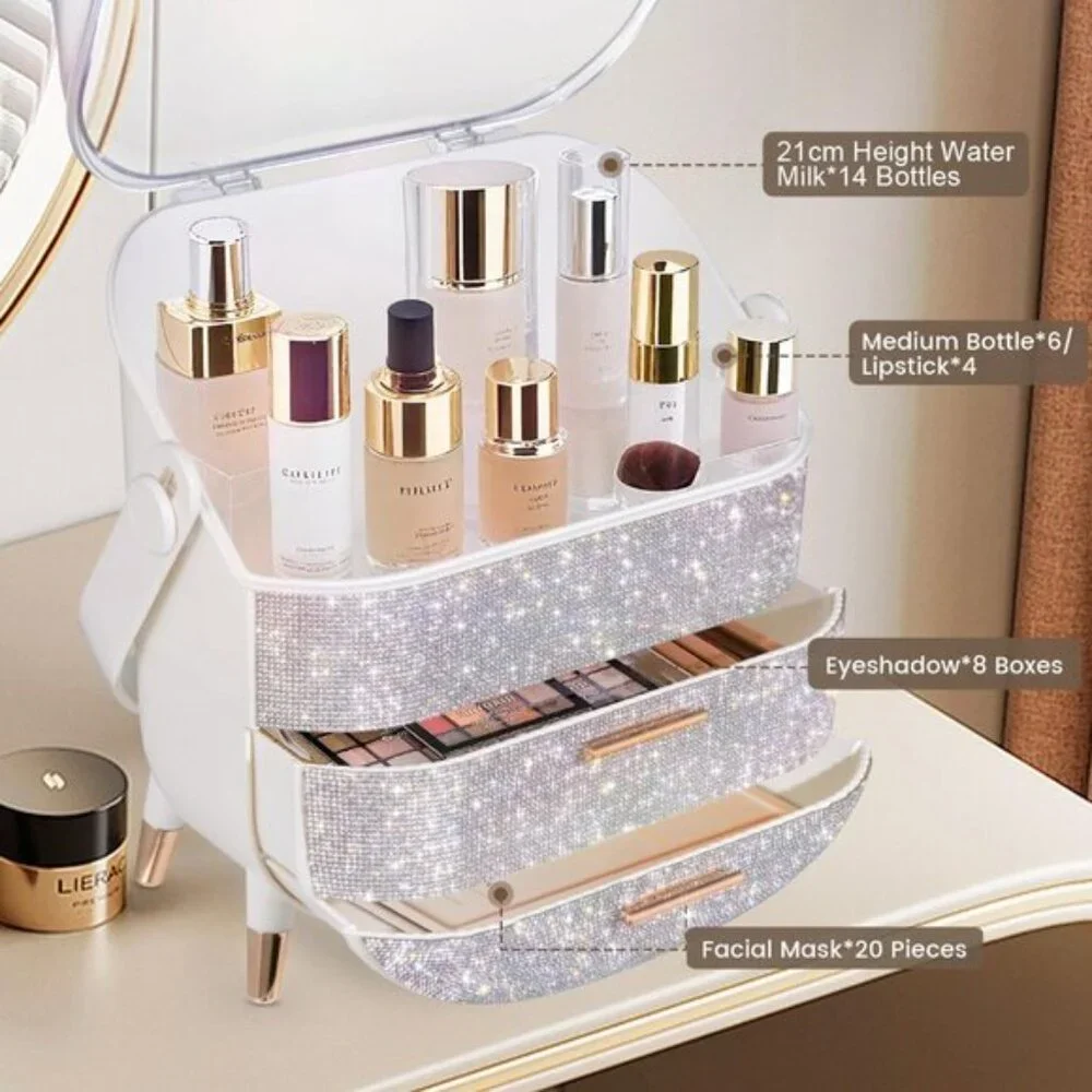 Oval Egg-Shaped Makeup Storage Box, Portable Vanity Organizer - Rhinestone White